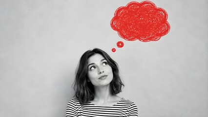 Thoughtful woman looking upward with red thought bubble above her head representing ideas, imagination, decision making, creativity, and personal reflection