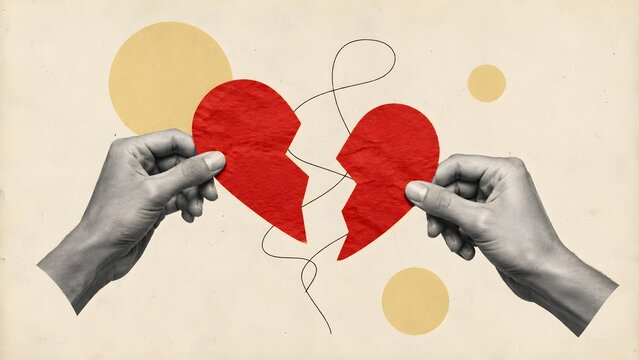 Conceptual image of hands pulling apart a broken red heart representing heartbreak, separation, emotional loss, relationship conflict, and recovery