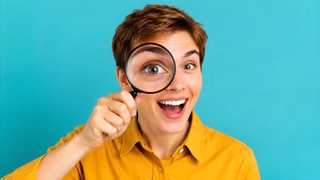 Playful young man giving a thumbs up while looking through a magnifying glass on turquoise background expressing approval, curiosity, and optimism