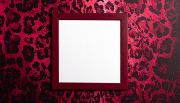 Blank square picture frame on vibrant pink and black leopard background, copy space.