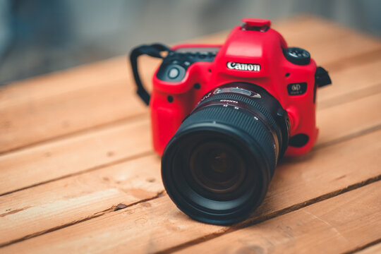 Red protective cover on Canon EOS 6D camera