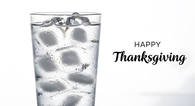 Refreshing glass of water with ice and a happy thanksgiving greeting on white