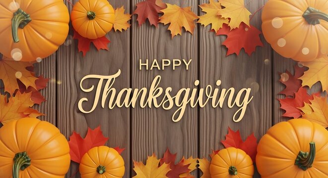 Happy thanksgiving greeting with pumpkins and autumn leaves on a rustic wood background