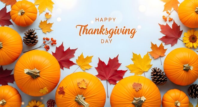 Festive autumn arrangement with pumpkins maple leaves and a thanksgiving greeting