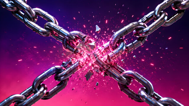 Broken metal chains exploding against vivid purple background representing freedom, independence, liberation, breaking barriers, empowerment, and overcoming limitations