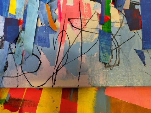 Title: Sky Blue and Pink Abstract Collage with Line Drawing Detail