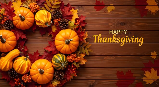 Autumn harvest arrangement of pumpkins leaves and gourds on a rustic wooden background