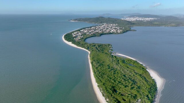 Florian&oacute;polis, Daniela Beach. Aerial View of Tropical Coastline. Establishing Shot. Santa Catarina, Brazil.