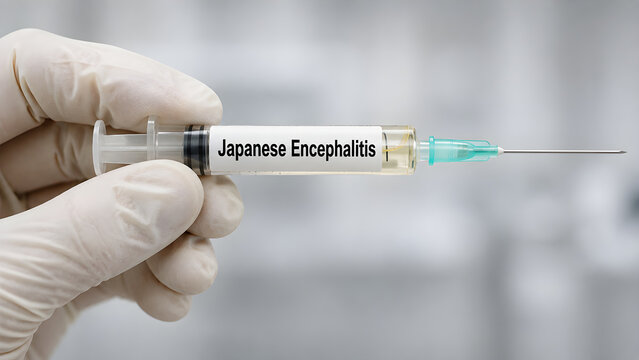 Medical syringe labeled Japanese encephalitis representing vaccination, disease prevention, immunization, public health and infectious disease research concepts