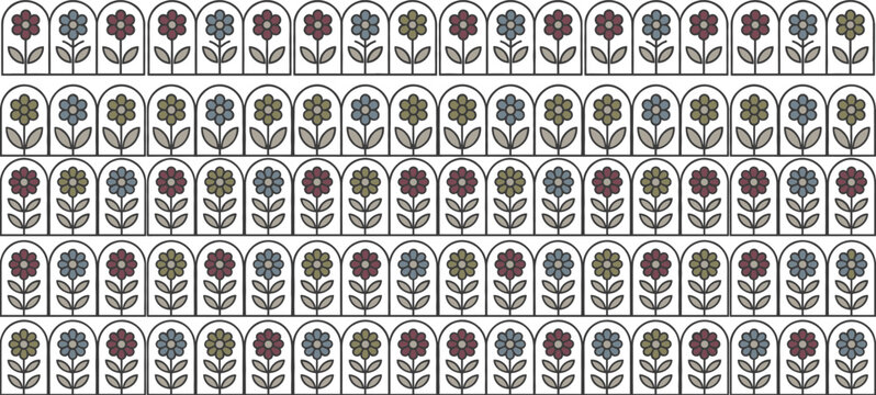 Seamless Retro Flower Grid Pattern in Vintage Arch Frames