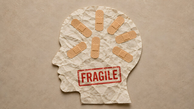 Fragile label attached to a broken paper head with adhesive strips symbolizing vulnerability caution emotional stress damage and mental health awareness