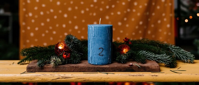 Blue advent candle with numeral two on a rustic wooden plank, surrounded by fir sprigs and ornaments for holiday banners and seasonal marketing
