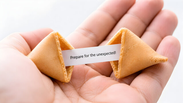 Hands opening a fortune cookie with a message strip representing luck opportunity prediction surprise decision making and positive future possibilities