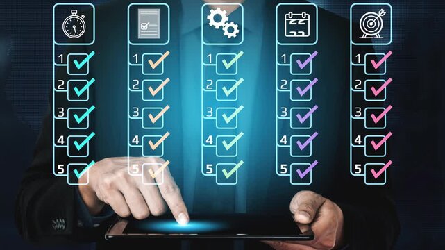 Businessman Analyzing Digital Checklist and Progress Using Tablet with Futuristic Interface for Task Management and Productivity Improvement. Entropy.
