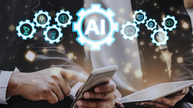 Diverse Hands Interacting with Digital Technology and AI Icons Representing Innovation, Data, Connectivity, and Future Solutions in Modern Business Environment. Entropy.