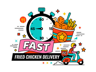 Naklejka premium Fast fried chicken delivery concept featuring fried chicken bucket and stopwatch flat vector illustration