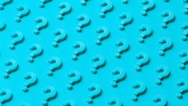 Three dimensional question mark pattern on cyan background representing uncertainty, curiosity, inquiry, problem solving and search for answers