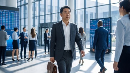 Fototapeta premium Successful Asian Businessman Walking in Modern Corporate Financial District Office
