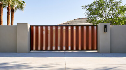 Fototapeta premium Modern sliding driveway gate with wooden slats and concrete pillars in a sunny suburban neighborhood with palm trees in the background view