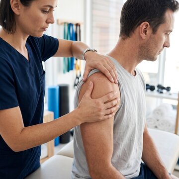 Physical therapist treating shoulder injury of a young man in clinic  