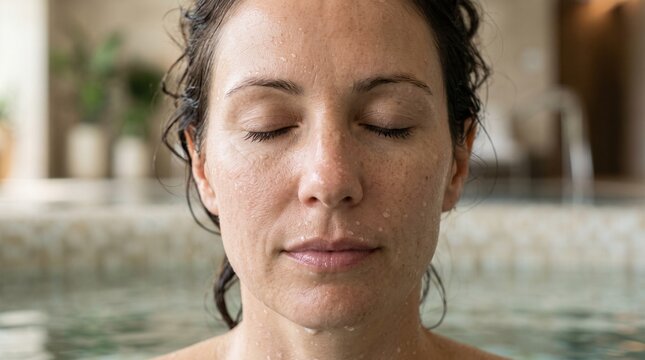 Calm woman meditating with closed eyes in a tranquil spa pool  