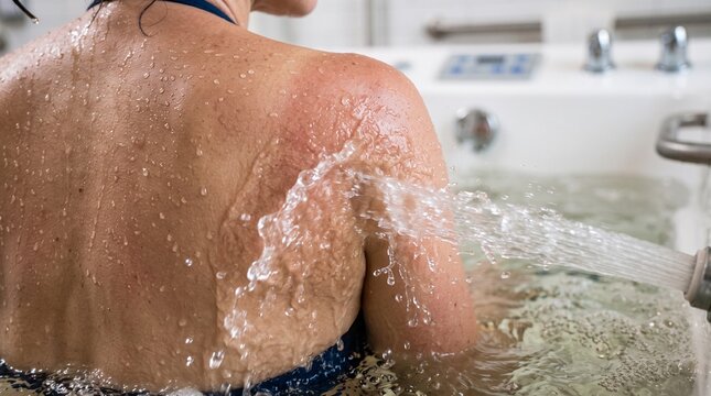 Woman relaxing in a hot tub with water splashing on her back  