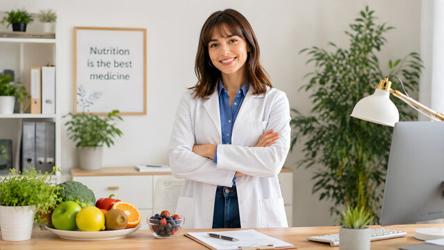Female doctor presenting nutrition advice in a modern office with healthy foods, representing preventive healthcare, diet planning and wellness