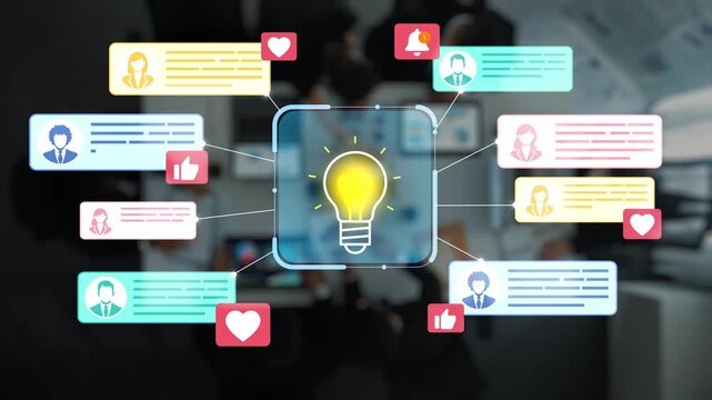 Conceptual Illustration of Digital Communication with Light Bulb Representing Ideas and Feedback from Diverse People in Modern Workspace Setting. Entropy.