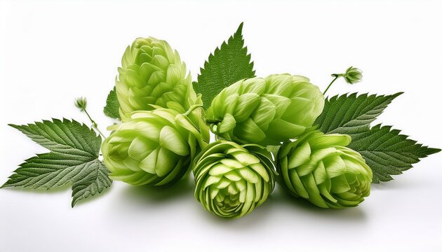 Green Hop Cones And Leaves Isolated On White Background