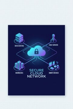 Secure cloud network illustration featuring data centers, edge servers, businesses, and smart devices connected by a central cloud symbol with a padlock for security
