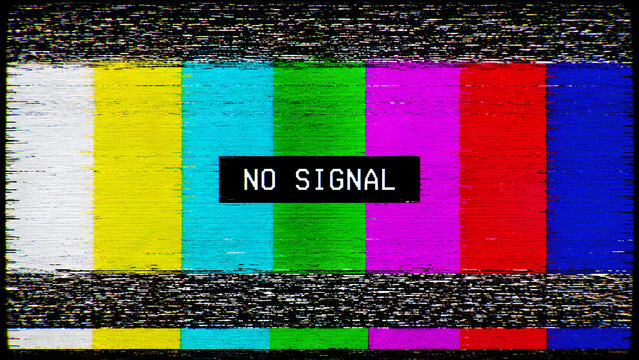Glitching television screen with no signal message representing media disruption communication failure technology outage broadcast interruption and uncertainty
