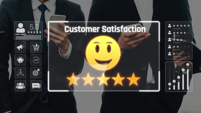 A business team engages with technology to improve customer satisfaction through innovative digital tools and analytics, showcasing a contemporary corporate environment. Raster