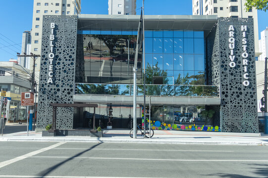 Balneario Camboriu, Brazil - August 21, 2026: Exterior view of Machado de Assis Municipal Public Library building and cultural center in the downtown area.