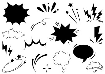 Comic cartoon line splash set. Comic explosion set. Bomb explosion, meteorite fall, smoke cloud and fire flash. Atomic boom or dynamite detonation, black elements doodle style © Katsiaryna Hatsak