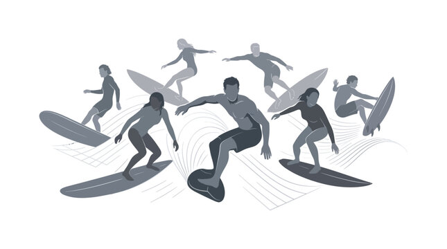 Group of diverse surfers riding stylized ocean waves in this minimalist grey scale digital vector illustration