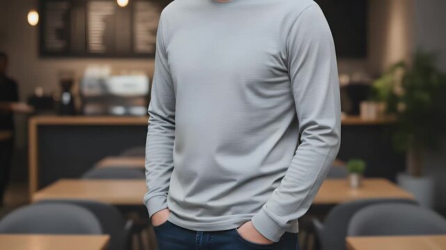 Close-up of an unknown person confidently showcasing a plain light grey long-sleeved t-shirt while standing casually in a blurred cafe setting.