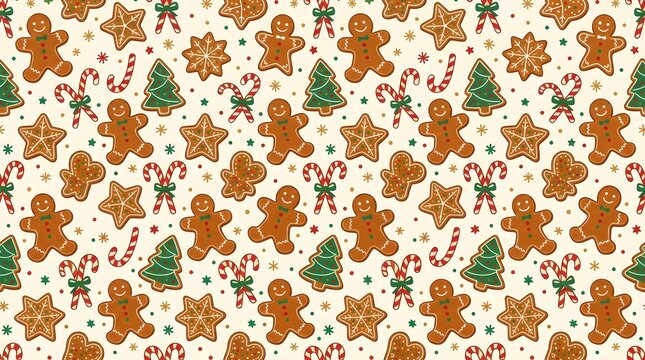 Festive gingerbread cookie seamless pattern with Christmas trees, stars, cookies and holiday motifs on a clean cream background for seasonal designs