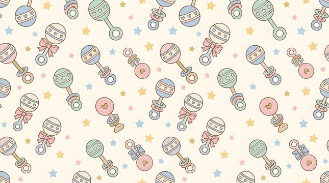 Pastel seamless pattern of candies, stars, hearts and playful sweets on a light background, ideal for children's stationery, packaging and party designs