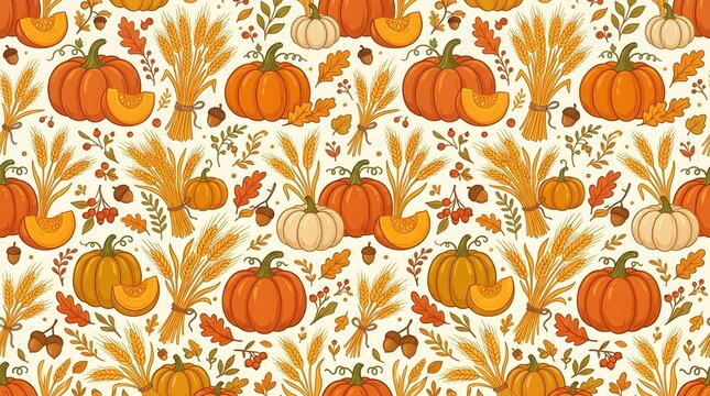 Autumn pumpkin and botanical seamless pattern in warm orange and cream tones, creating a seasonal harvest background for fall, Thanksgiving and decor