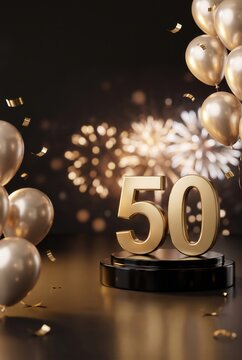Golden number 50 on a black pedestal surrounded by golden balloons and confetti, with a blurred background of fireworks celebrating a milestone event