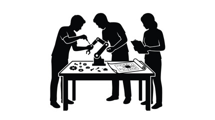Fototapeta premium Skilled engineers working together to assemble small robotic arm in a modern creative industrial workshop lab