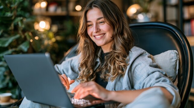 Young woman with long wavy hair using laptop while sitting comfortably in a cozy chair surrounded by indoor plants and warm lighting in a modern living space