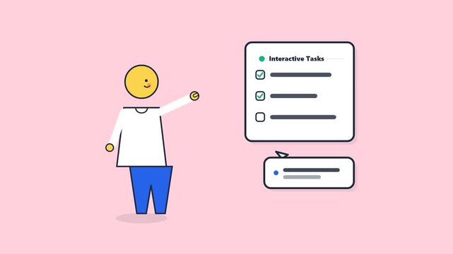 Minimalist illustration of a character completing interactive tasks on a digital checklist.