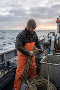 Male fisherman in orange waterproof overalls coiling rope on a fishing boat deck with ocean and cloudy sky in the background during sunset