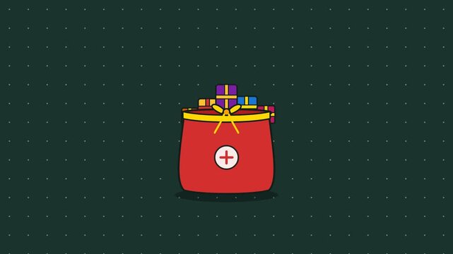 Red medical first aid bag filled with colorful gift boxes