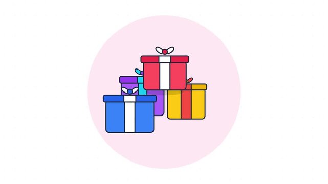 Colorful stack of gift boxes on a pink background.