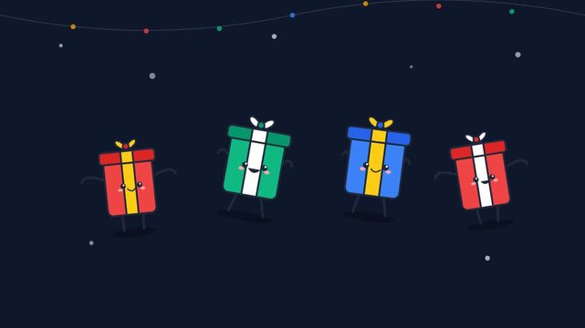 Cute animated gift boxes dancing on a dark background with festive lights.