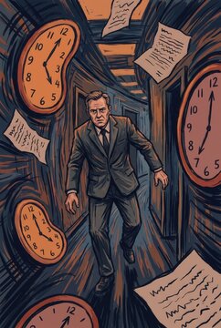Illustration of a man in a suit walking through a surreal hallway filled with clocks and scattered papers, depicting a sense of urgency and time distortion
