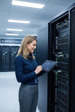 Female IT technician using tablet to monitor server performance in data center with rows of servers and AI infrastructure signage visible in the background