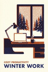 Fototapeta premium Cozy winter workspace illustration featuring a desk with a laptop, coffee cup, and a view of snow-covered trees through a window
